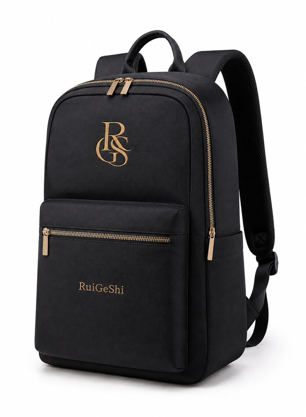 RuiGeShi Premium Backpack for Men & Women, Black Travel Laptop Backpack with Gold Embroidered Logo, Multi-Compartment Business Work Bag for Office, School, College & Daily Commute