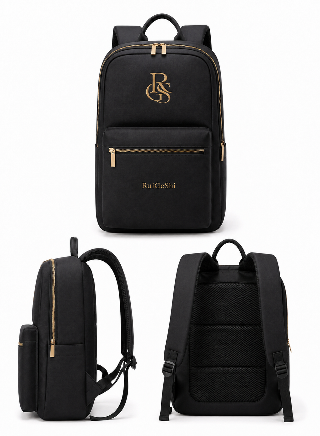 RuiGeShi Premium Backpack for Men & Women, Black Travel Laptop Backpack with Gold Embroidered Logo, Multi-Compartment Business Work Bag for Office, School, College & Daily Commute