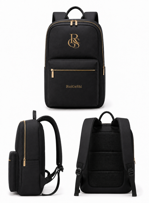 RuiGeShi Premium Backpack for Men & Women, Black Travel Laptop Backpack with Gold Embroidered Logo, Multi-Compartment Business Work Bag for Office, School, College & Daily Commute