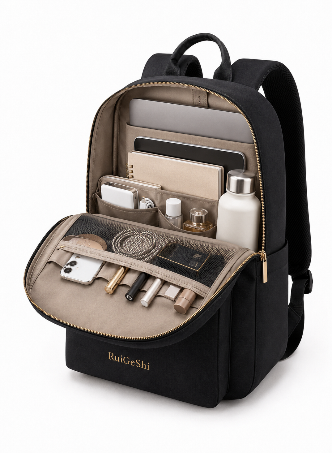 RuiGeShi Premium Backpack for Men & Women, Black Travel Laptop Backpack with Gold Embroidered Logo, Multi-Compartment Business Work Bag for Office, School, College & Daily Commute