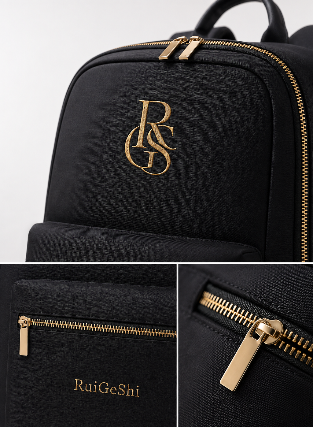 RuiGeShi Premium Backpack for Men & Women, Black Travel Laptop Backpack with Gold Embroidered Logo, Multi-Compartment Business Work Bag for Office, School, College & Daily Commute