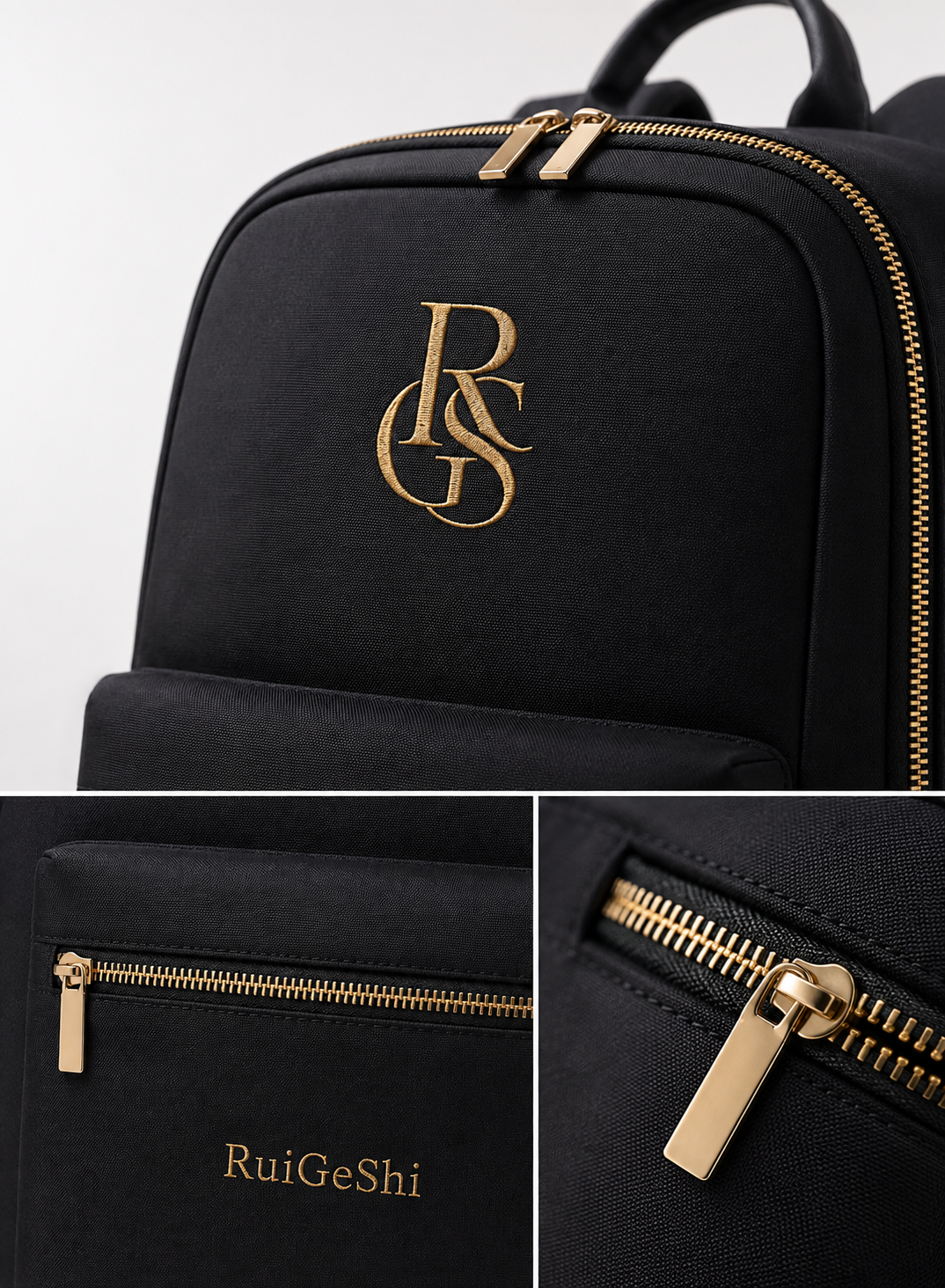 RuiGeShi Premium Backpack for Men & Women, Black Travel Laptop Backpack with Gold Embroidered Logo, Multi-Compartment Business Work Bag for Office, School, College & Daily Commute