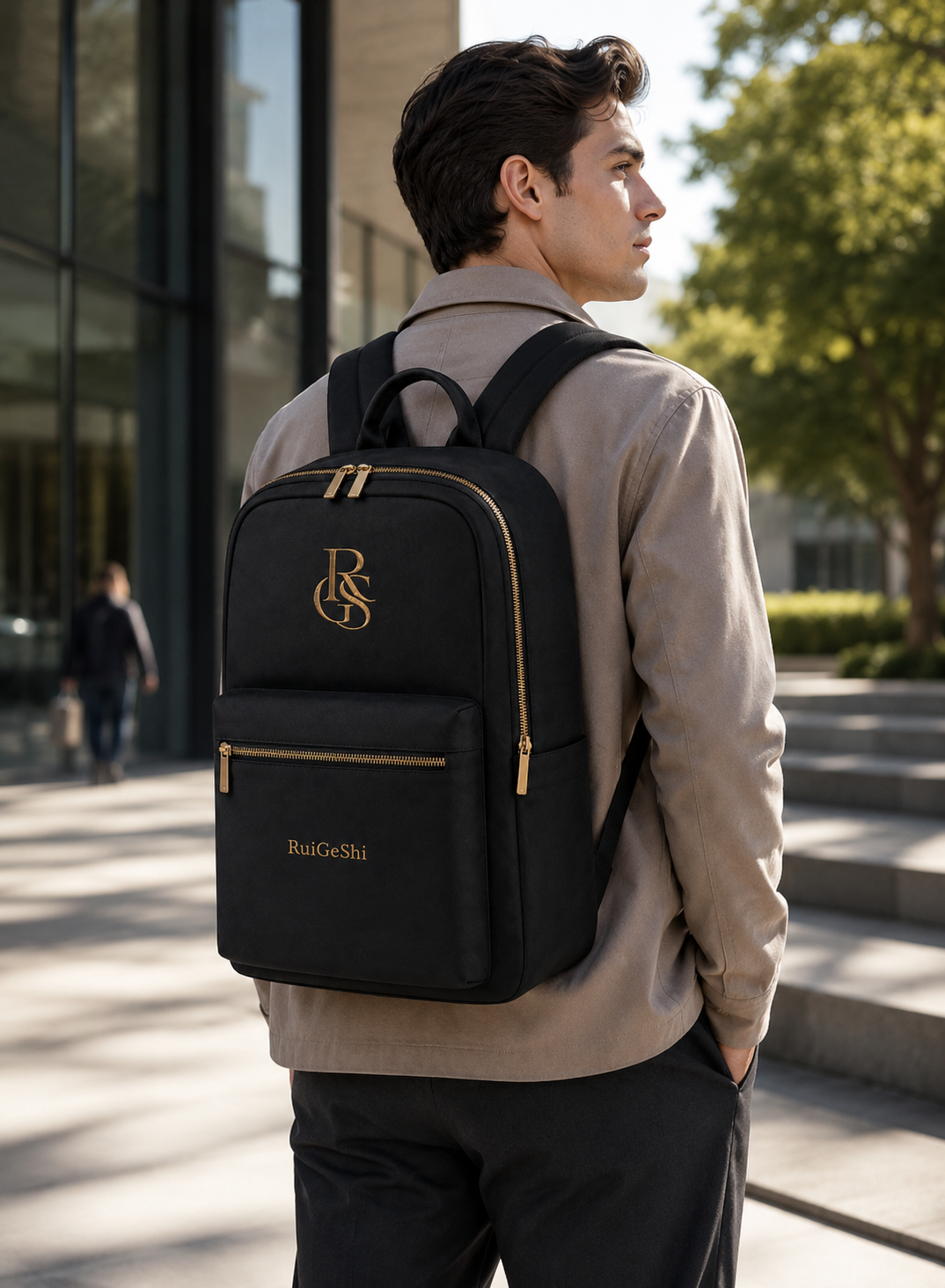 RuiGeShi Premium Backpack for Men & Women, Black Travel Laptop Backpack with Gold Embroidered Logo, Multi-Compartment Business Work Bag for Office, School, College & Daily Commute