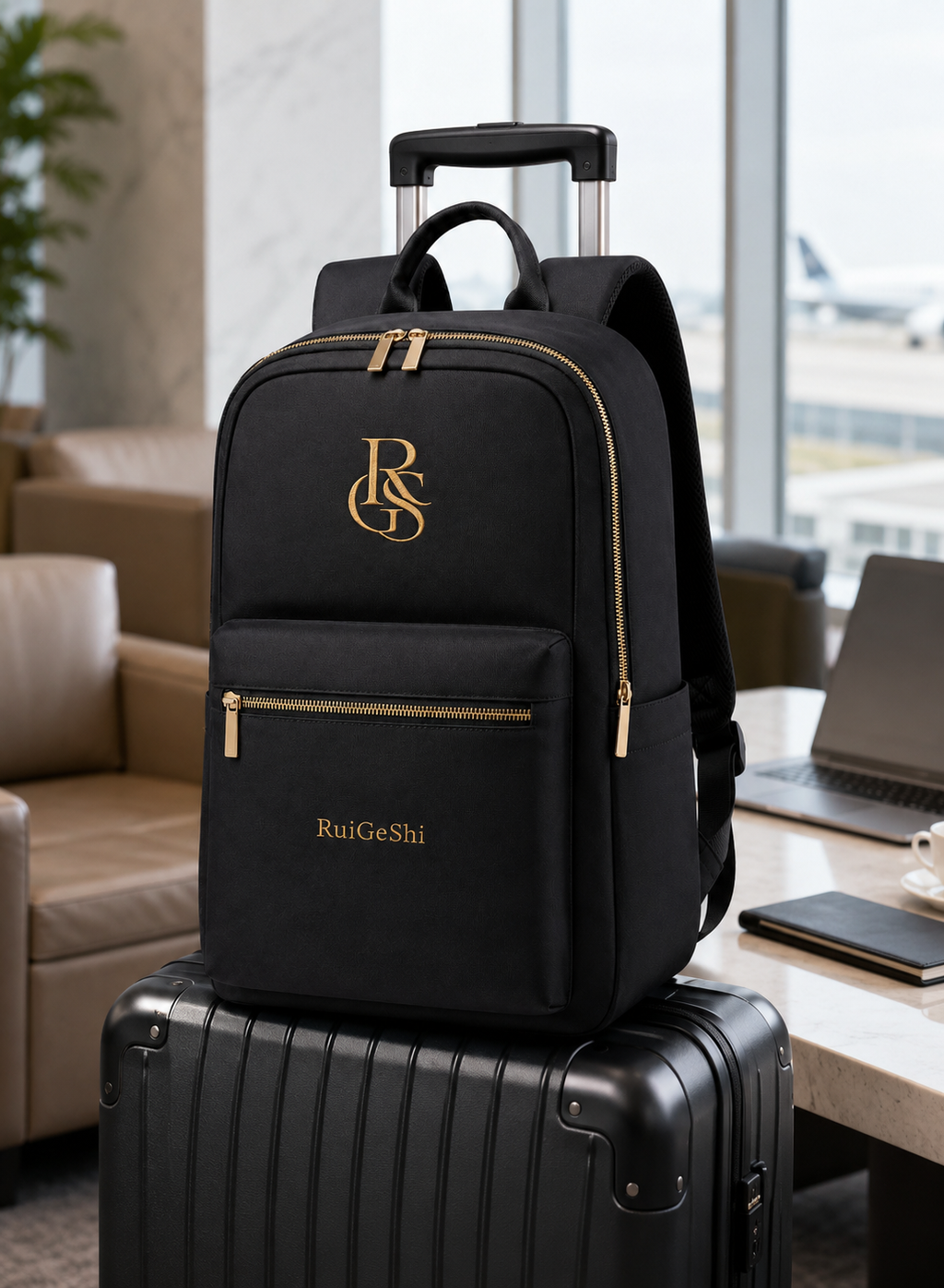 RuiGeShi Premium Backpack for Men & Women, Black Travel Laptop Backpack with Gold Embroidered Logo, Multi-Compartment Business Work Bag for Office, School, College & Daily Commute