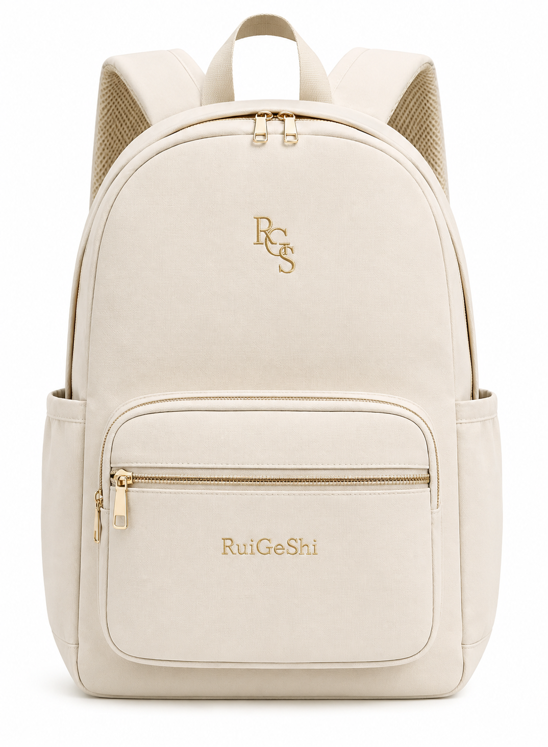 RuiGeShi Student Backpack for Women & Girls, Beige School Bag with Gold Embroidered Logo, Multi-Compartment Laptop Backpack with Side Bottle Pockets, Lightweight College Backpack for School, University, Travel & Daily Use