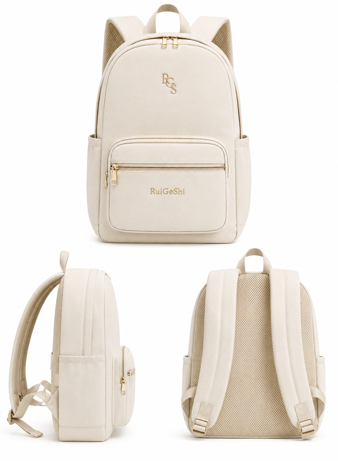 RuiGeShi Student Backpack for Women & Girls, Beige School Bag with Gold Embroidered Logo, Multi-Compartment Laptop Backpack with Side Bottle Pockets, Lightweight College Backpack for School, University, Travel & Daily Use