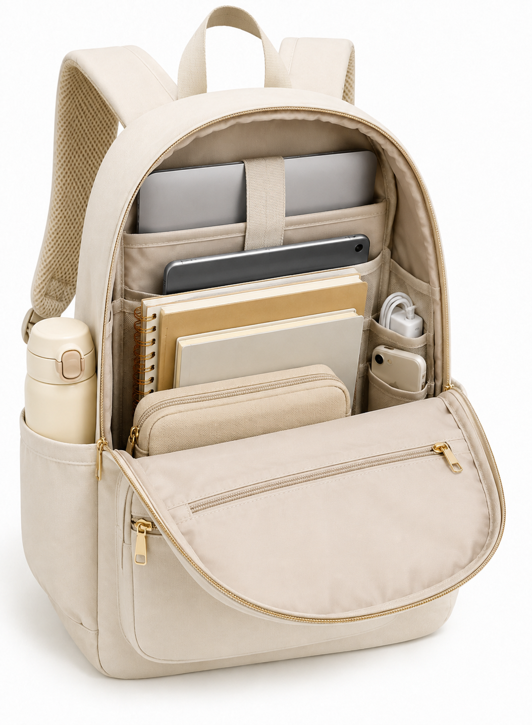 RuiGeShi Student Backpack for Women & Girls, Beige School Bag with Gold Embroidered Logo, Multi-Compartment Laptop Backpack with Side Bottle Pockets, Lightweight College Backpack for School, University, Travel & Daily Use