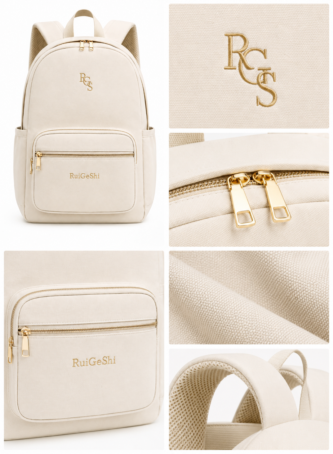 RuiGeShi Student Backpack for Women & Girls, Beige School Bag with Gold Embroidered Logo, Multi-Compartment Laptop Backpack with Side Bottle Pockets, Lightweight College Backpack for School, University, Travel & Daily Use