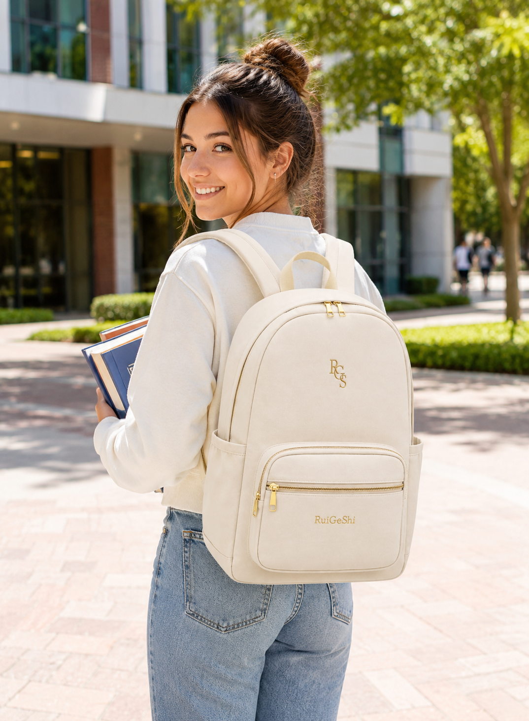 RuiGeShi Student Backpack for Women & Girls, Beige School Bag with Gold Embroidered Logo, Multi-Compartment Laptop Backpack with Side Bottle Pockets, Lightweight College Backpack for School, University, Travel & Daily Use