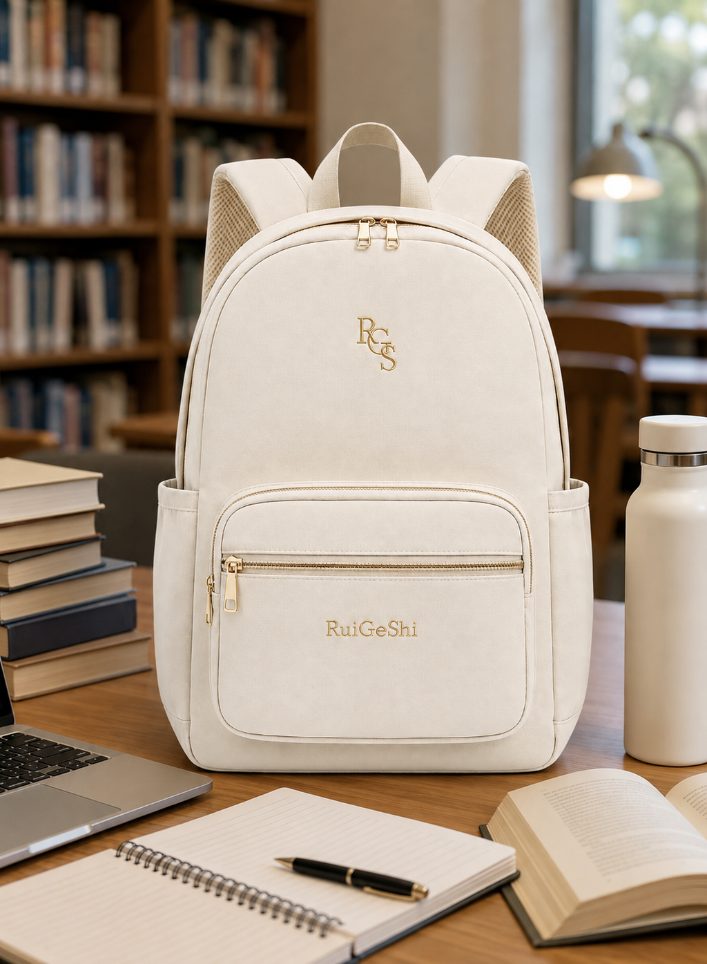 RuiGeShi Student Backpack for Women & Girls, Beige School Bag with Gold Embroidered Logo, Multi-Compartment Laptop Backpack with Side Bottle Pockets, Lightweight College Backpack for School, University, Travel & Daily Use