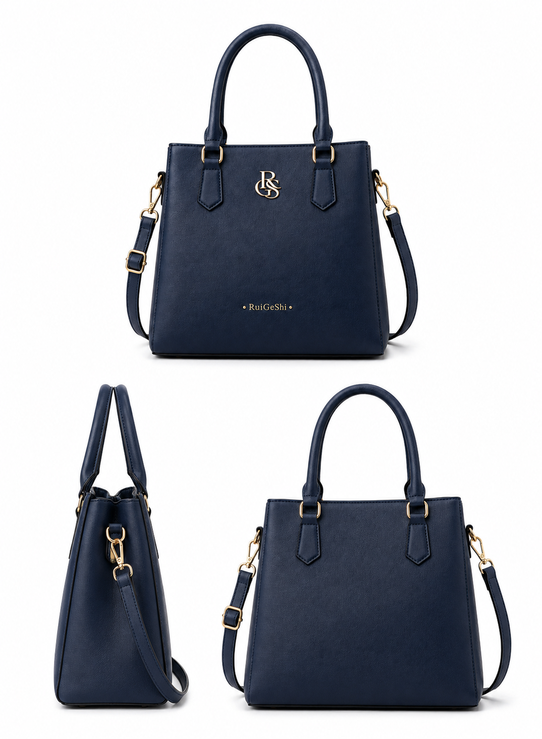 RuiGeShi Women’s Fashion Handbag, Navy Blue Top Handle Tote Bag with Gold Logo, Detachable Shoulder Strap, Spacious Multi-Compartment Crossbody Purse for Work, Shopping, Travel & Daily Use