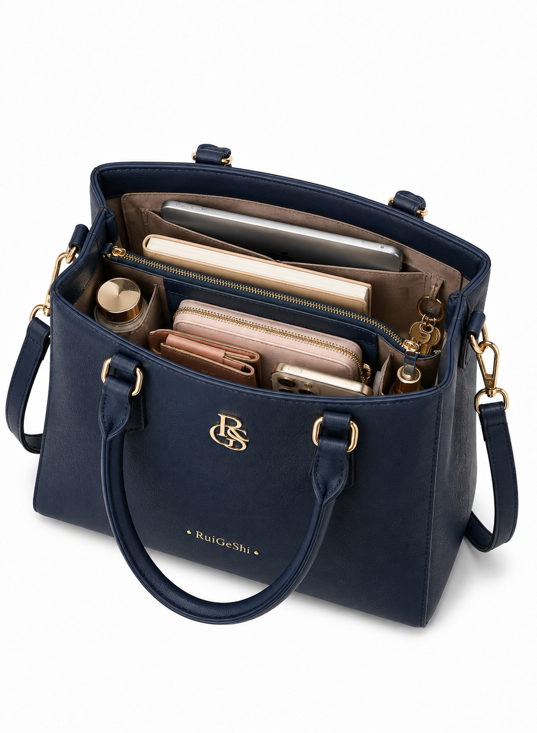 RuiGeShi Women’s Fashion Handbag, Navy Blue Top Handle Tote Bag with Gold Logo, Detachable Shoulder Strap, Spacious Multi-Compartment Crossbody Purse for Work, Shopping, Travel & Daily Use