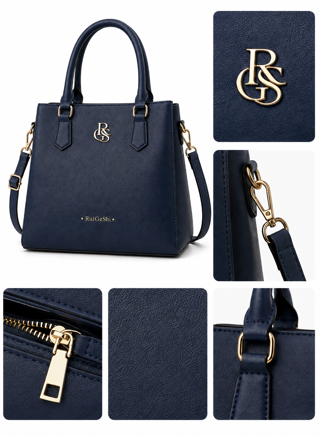 RuiGeShi Women’s Fashion Handbag, Navy Blue Top Handle Tote Bag with Gold Logo, Detachable Shoulder Strap, Spacious Multi-Compartment Crossbody Purse for Work, Shopping, Travel & Daily Use