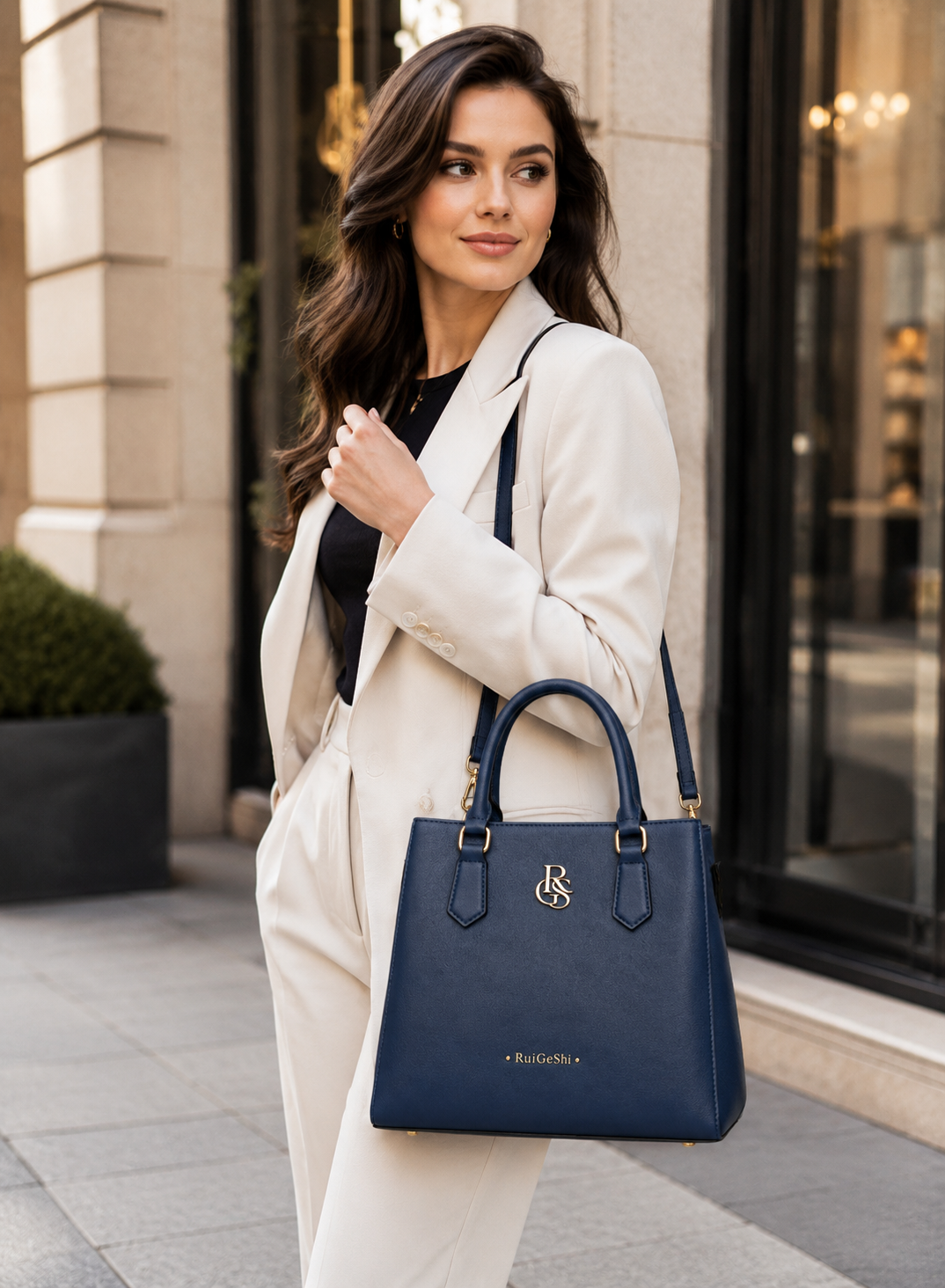 RuiGeShi Women’s Fashion Handbag, Navy Blue Top Handle Tote Bag with Gold Logo, Detachable Shoulder Strap, Spacious Multi-Compartment Crossbody Purse for Work, Shopping, Travel & Daily Use