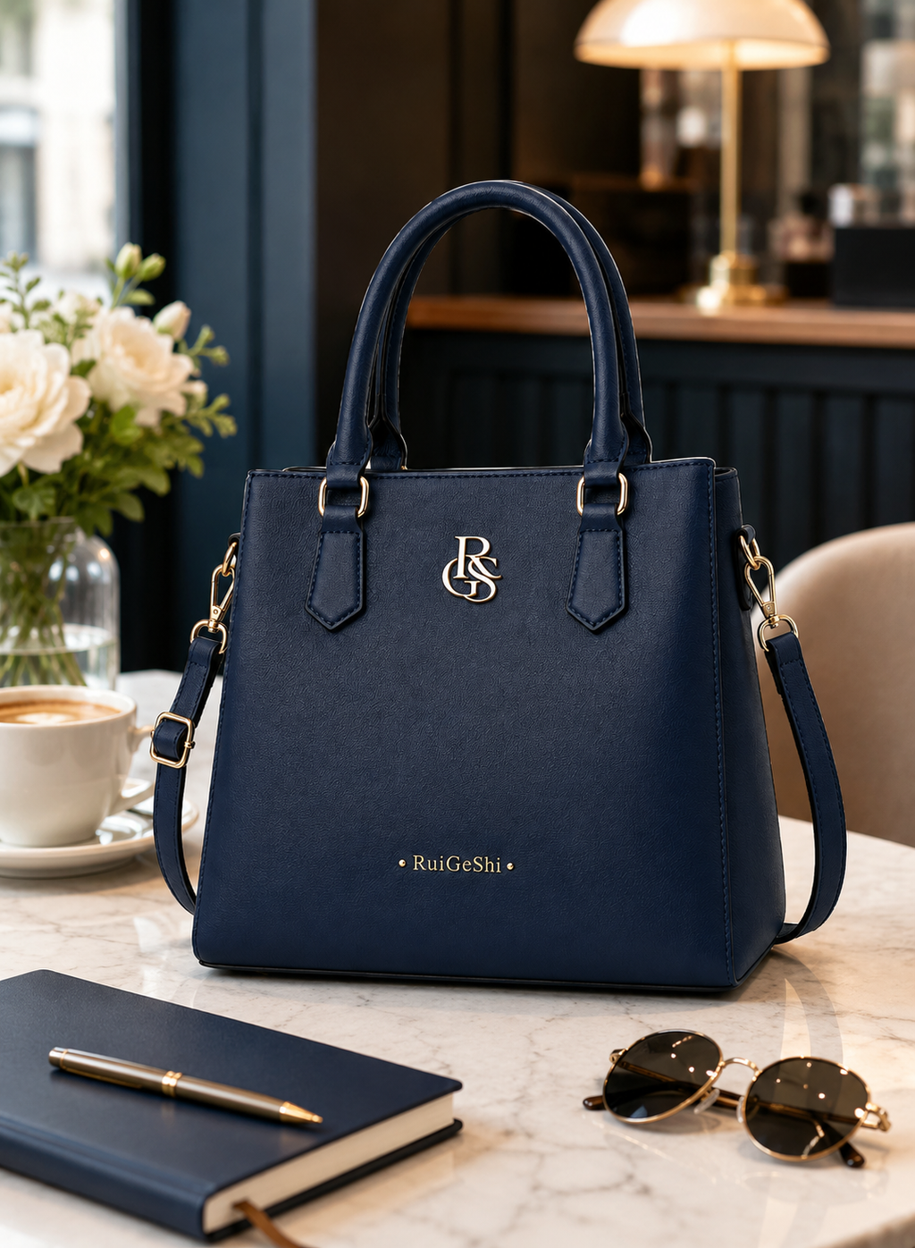 RuiGeShi Women’s Fashion Handbag, Navy Blue Top Handle Tote Bag with Gold Logo, Detachable Shoulder Strap, Spacious Multi-Compartment Crossbody Purse for Work, Shopping, Travel & Daily Use