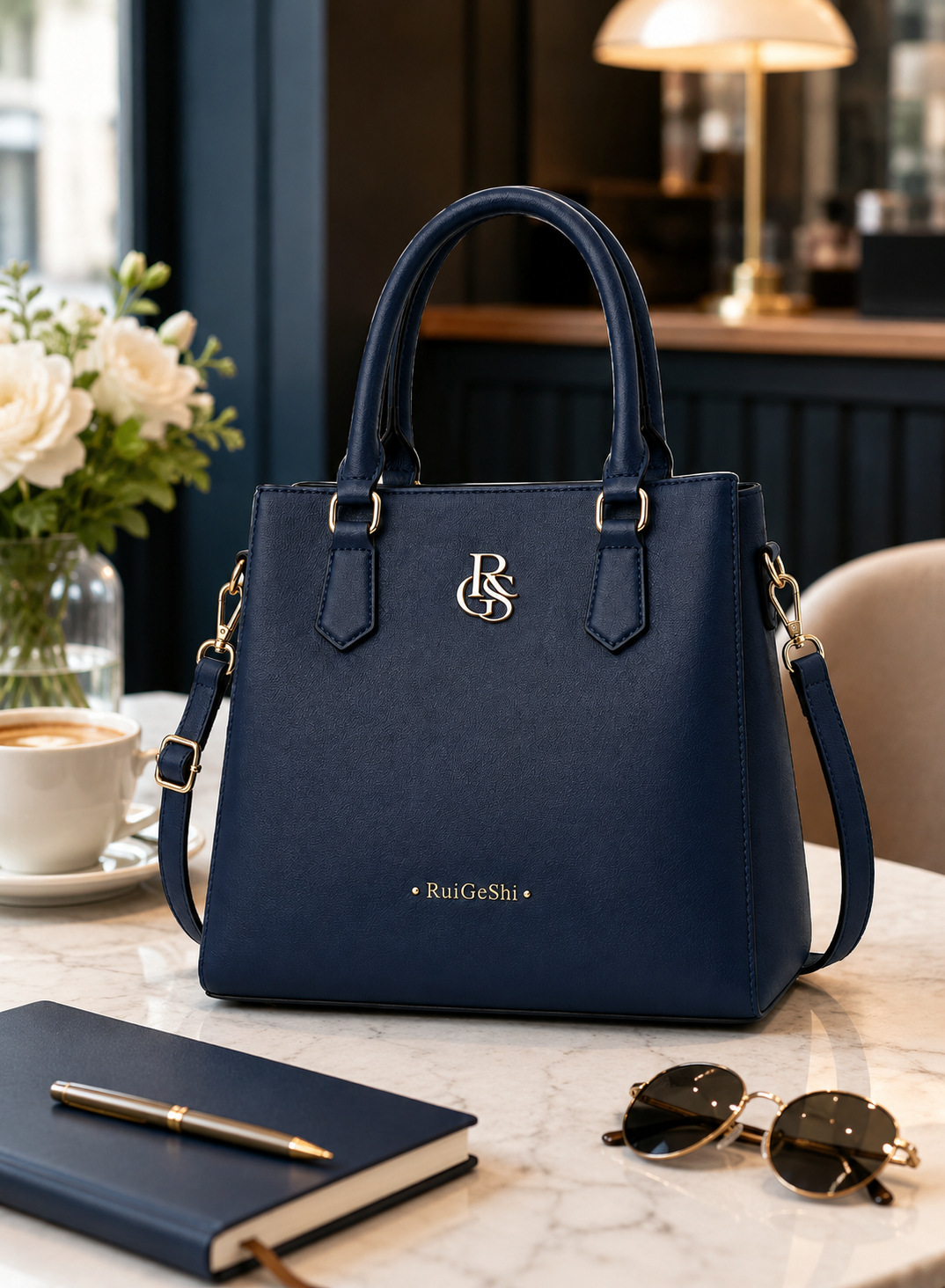 RuiGeShi Women’s Fashion Handbag, Navy Blue Top Handle Tote Bag with Gold Logo, Detachable Shoulder Strap, Spacious Multi-Compartment Crossbody Purse for Work, Shopping, Travel & Daily Use