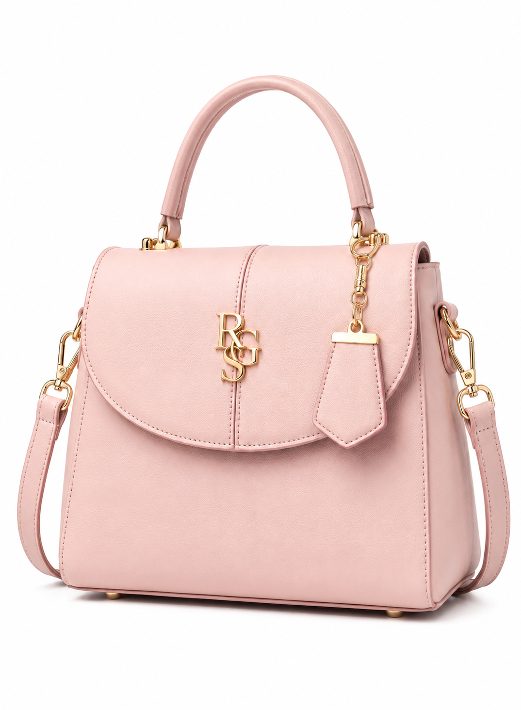 RuiGeShi Women’s Pink Handbag, Light Pink Top Handle Purse with Gold Logo, Detachable Shoulder Strap, Elegant Structured Crossbody Bag for Work, Shopping, Parties & Daily Use