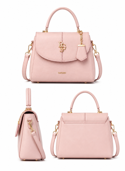 RuiGeShi Women’s Pink Handbag, Light Pink Top Handle Purse with Gold Logo, Detachable Shoulder Strap, Elegant Structured Crossbody Bag for Work, Shopping, Parties & Daily Use