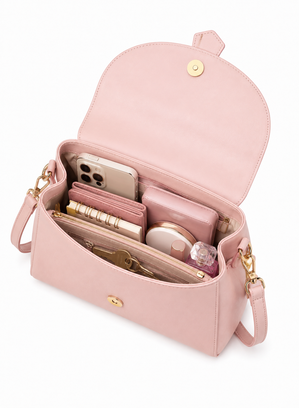 RuiGeShi Women’s Pink Handbag, Light Pink Top Handle Purse with Gold Logo, Detachable Shoulder Strap, Elegant Structured Crossbody Bag for Work, Shopping, Parties & Daily Use