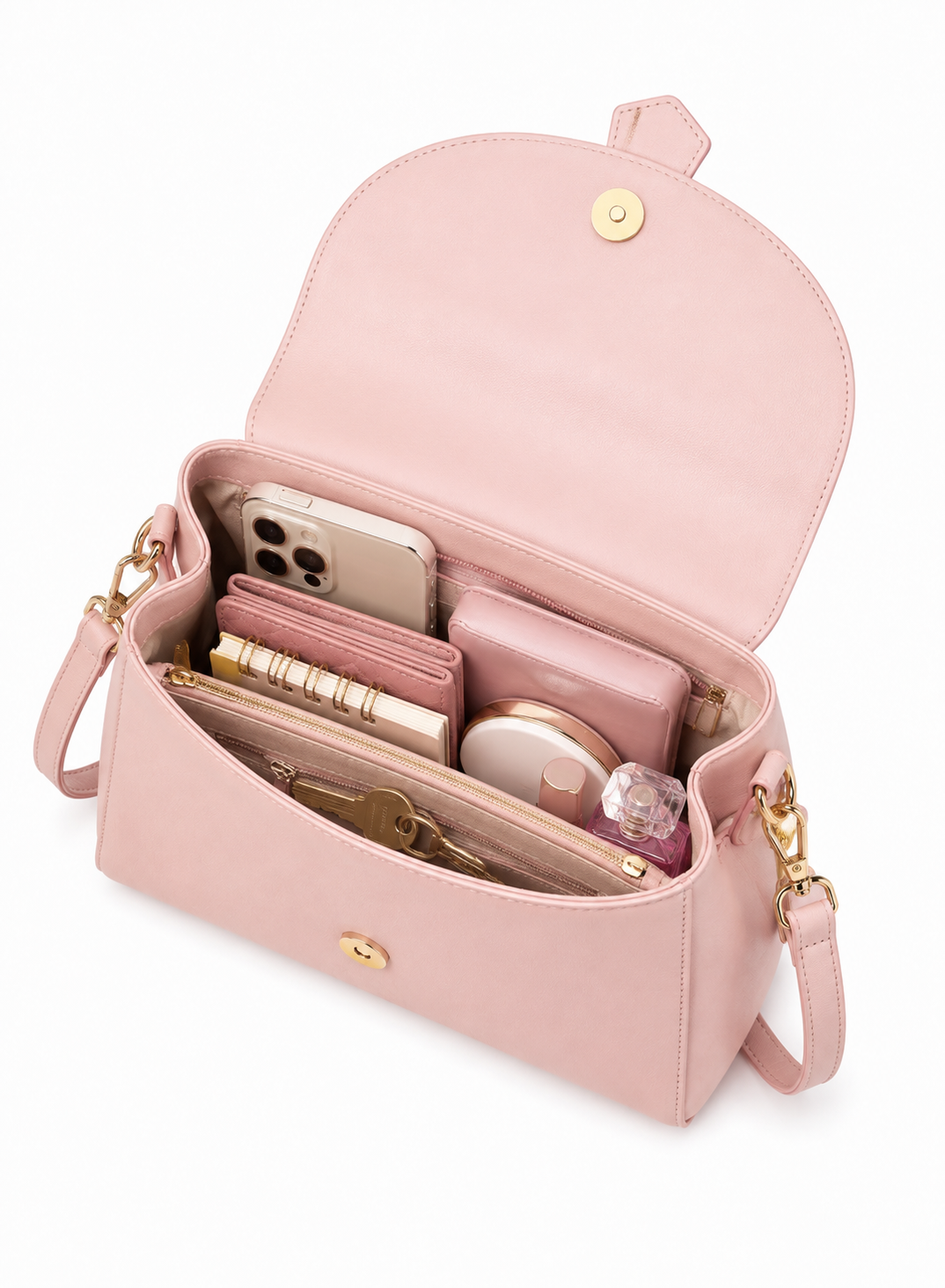RuiGeShi Women’s Pink Handbag, Light Pink Top Handle Purse with Gold Logo, Detachable Shoulder Strap, Elegant Structured Crossbody Bag for Work, Shopping, Parties & Daily Use