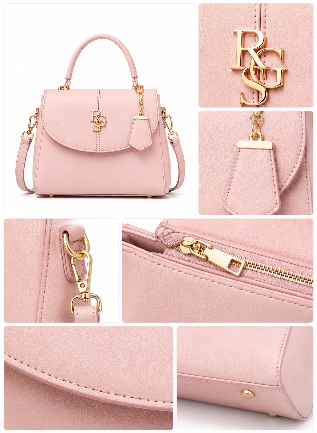 RuiGeShi Women’s Pink Handbag, Light Pink Top Handle Purse with Gold Logo, Detachable Shoulder Strap, Elegant Structured Crossbody Bag for Work, Shopping, Parties & Daily Use