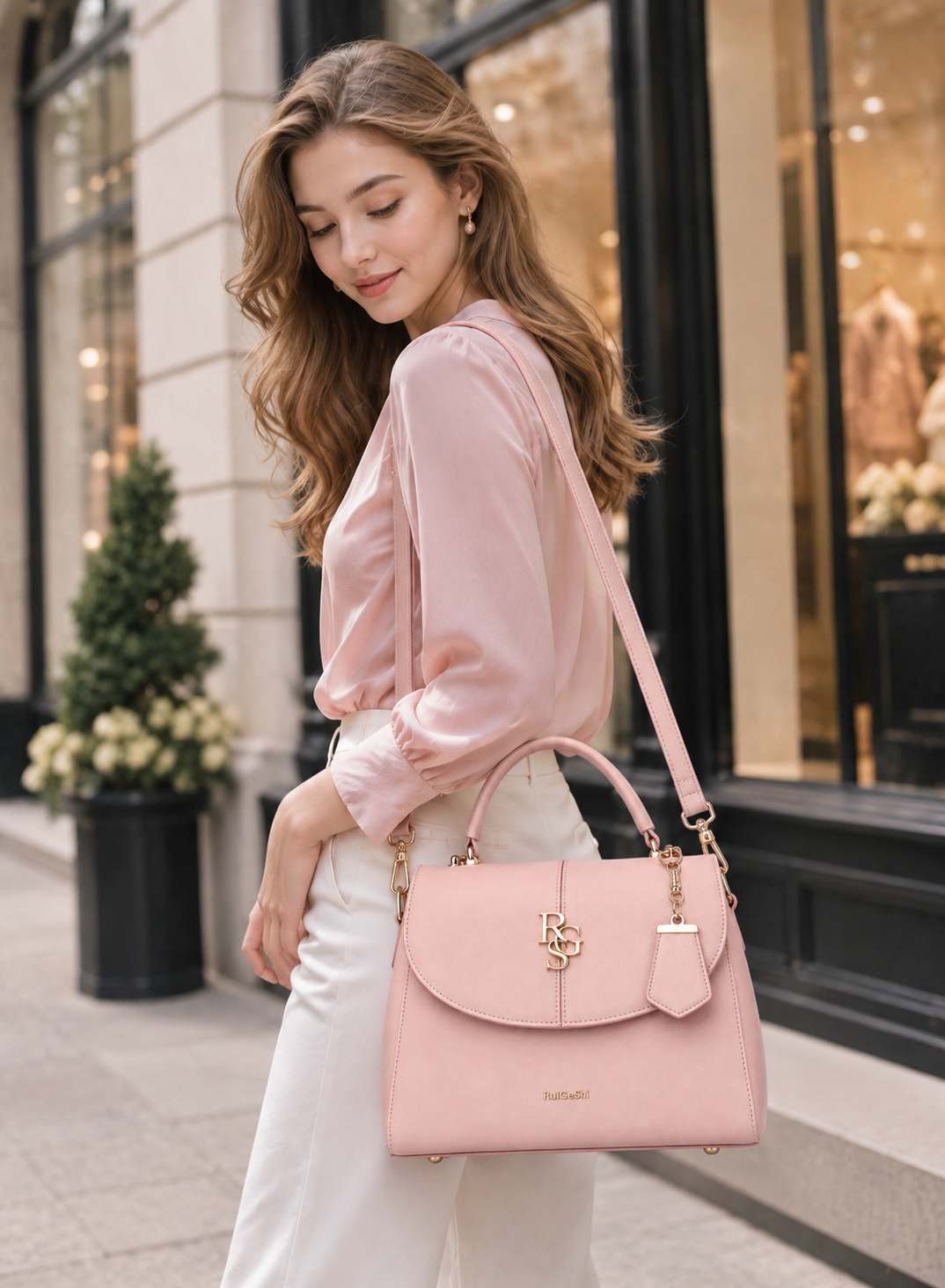 RuiGeShi Women’s Pink Handbag, Light Pink Top Handle Purse with Gold Logo, Detachable Shoulder Strap, Elegant Structured Crossbody Bag for Work, Shopping, Parties & Daily Use