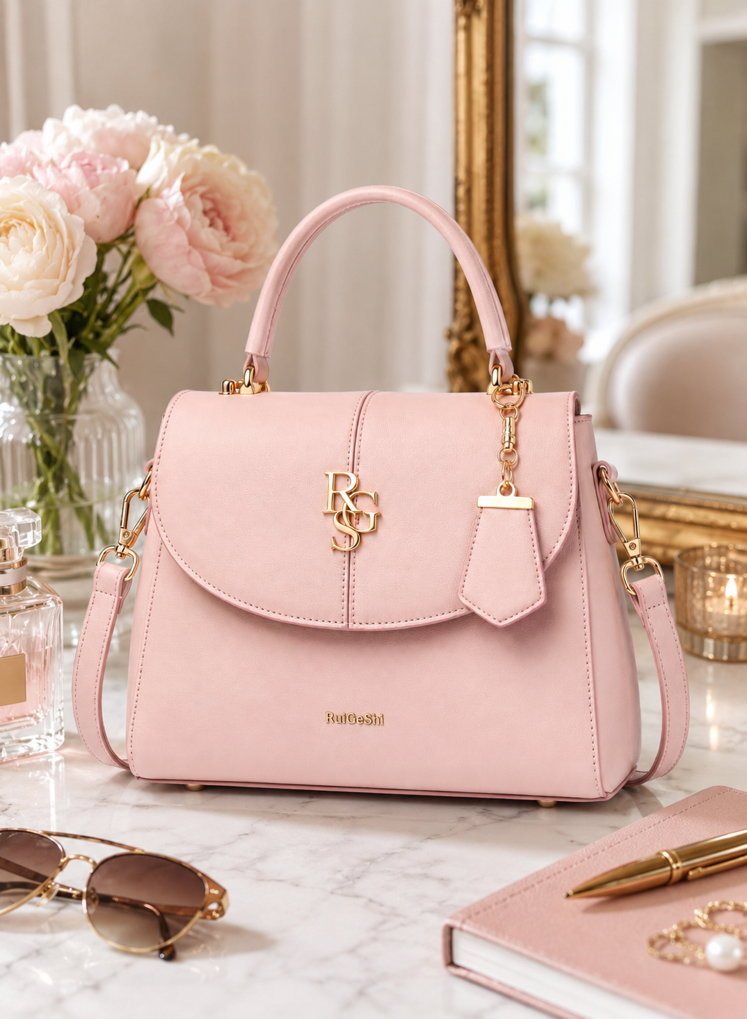 RuiGeShi Women’s Pink Handbag, Light Pink Top Handle Purse with Gold Logo, Detachable Shoulder Strap, Elegant Structured Crossbody Bag for Work, Shopping, Parties & Daily Use