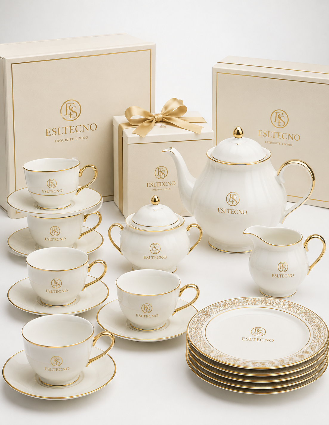 ESLTECNO Premium White Porcelain Tea Set with Gold Trim, Complete Teapot and Tea Cup Set with Saucers, Sugar Bowl, Milk Jug and Dessert Plates, Elegant Gift Set for Afternoon Tea and Entertaining