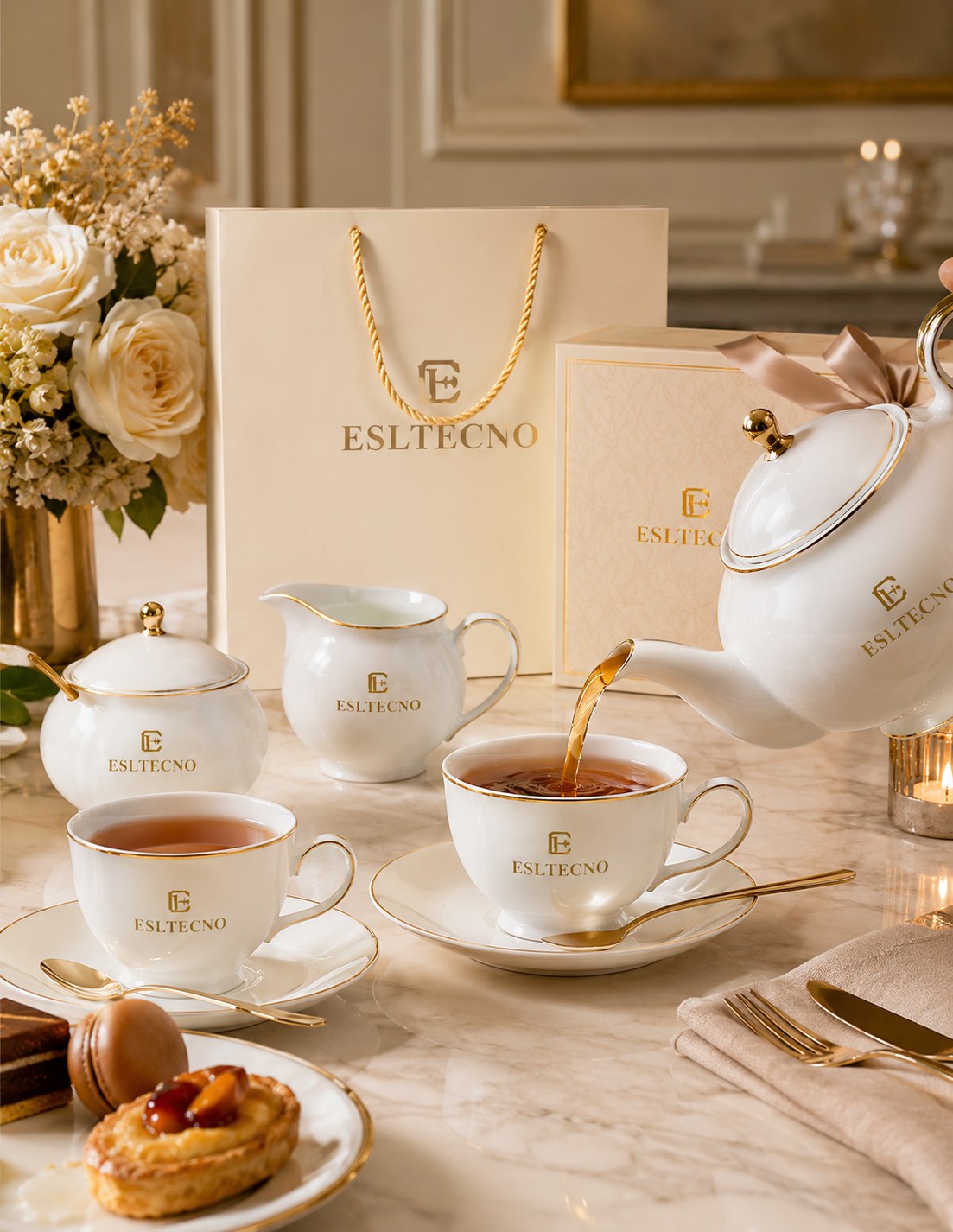 ESLTECNO Premium White Porcelain Tea Set with Gold Trim, Complete Teapot and Tea Cup Set with Saucers, Sugar Bowl, Milk Jug and Dessert Plates, Elegant Gift Set for Afternoon Tea and Entertaining