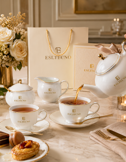 ESLTECNO Premium White Porcelain Tea Set with Gold Trim, Complete Teapot and Tea Cup Set with Saucers, Sugar Bowl, Milk Jug and Dessert Plates, Elegant Gift Set for Afternoon Tea and Entertaining