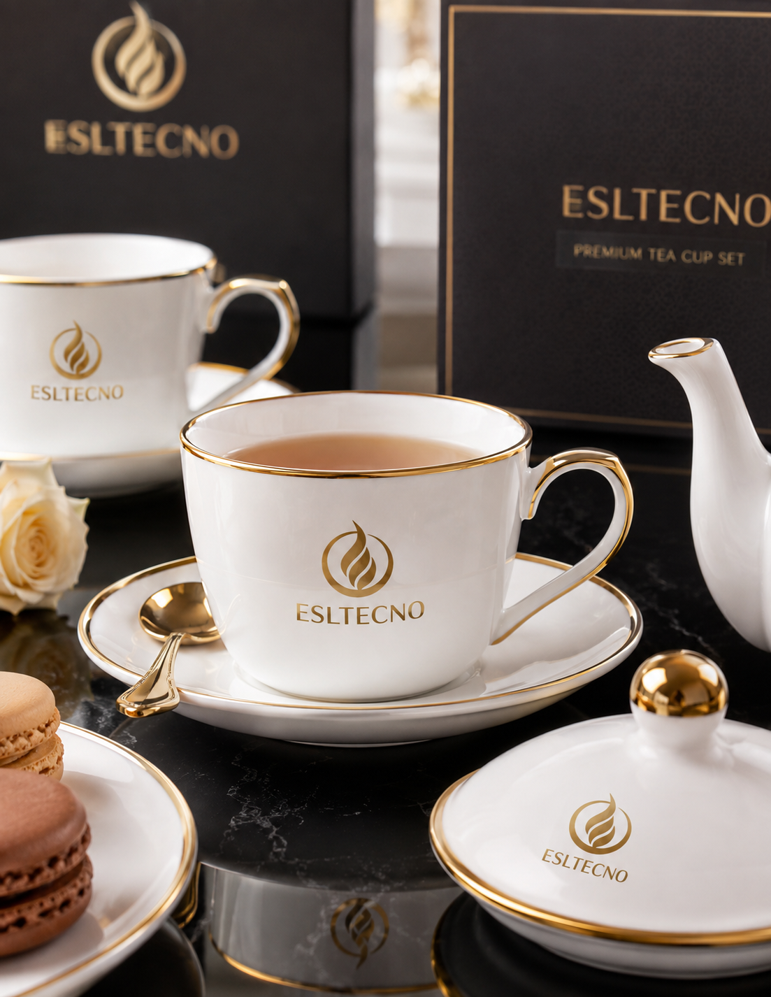 ESLTECNO Premium White Porcelain Tea Set with Gold Trim, Complete Teapot and Tea Cup Set with Saucers, Sugar Bowl, Milk Jug and Dessert Plates, Elegant Gift Set for Afternoon Tea and Entertaining