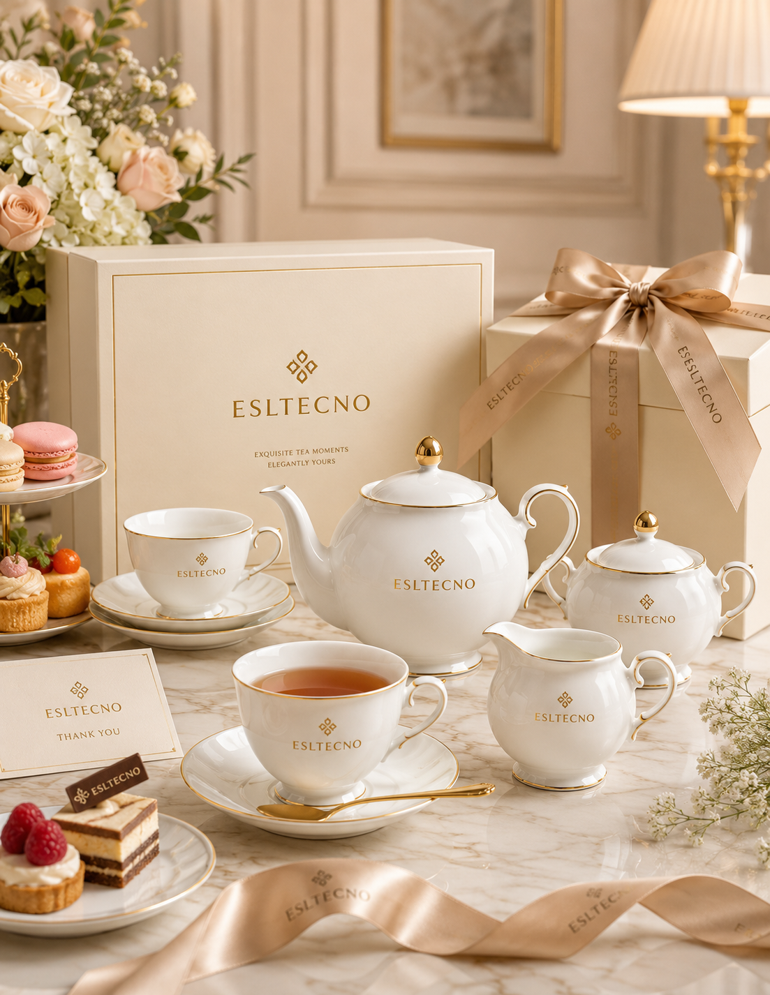 ESLTECNO Premium White Porcelain Tea Set with Gold Trim, Complete Teapot and Tea Cup Set with Saucers, Sugar Bowl, Milk Jug and Dessert Plates, Elegant Gift Set for Afternoon Tea and Entertaining
